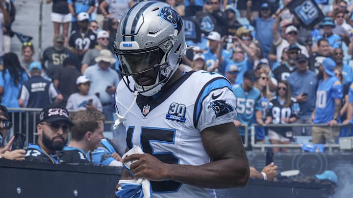 Sep 15, 2024; Charlotte, North Carolina, USA; Carolina Panthers wide receiver Diontae Johnson (5) takes the field during the first quarter against the Los Angeles Chargers at Bank of America Stadium. Mandatory Credit: Jim Dedmon-Imagn Images