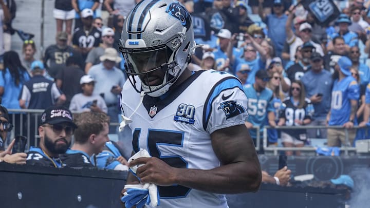 Sep 15, 2024; Charlotte, North Carolina, USA; Carolina Panthers wide receiver Diontae Johnson (5) takes the field during the first quarter against the Los Angeles Chargers at Bank of America Stadium. Mandatory Credit: Jim Dedmon-Imagn Images