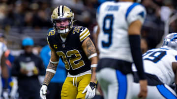 Dec 10, 2023; New Orleans, Louisiana, USA; New Orleans Saints safety Tyrann Mathieu (32) stares down Carolina Panthers quarterback Bryce Young (9) during the first half at the Caesars Superdome. Mandatory Credit: Stephen Lew-USA TODAY Sports