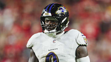 Sep 5, 2024; Kansas City, Missouri, USA; Baltimore Ravens linebacker Roquan Smith (0) during the second half against the Kansas City Chiefs at GEHA Field at Arrowhead Stadium. Mandatory Credit: Jay Biggerstaff-Imagn Images