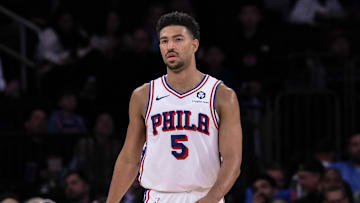 Apr 1, 2025; New York, New York, USA; Philadelphia 76ers guard Quentin Grimes (5) during the second half against the New York Knicks at Madison Square Garden. Mandatory Credit: John Jones-Imagn Images