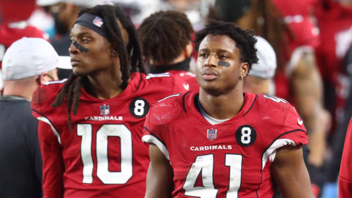 Dec 20, 2020; Glendale, Arizona, USA; Arizona Cardinals running back Kenyan Drake (41) and wide receiver DeAndre Hopkins (10) against the Philadelphia Eagles at State Farm Stadium. Mandatory Credit: Mark J. Rebilas-USA TODAY Sports