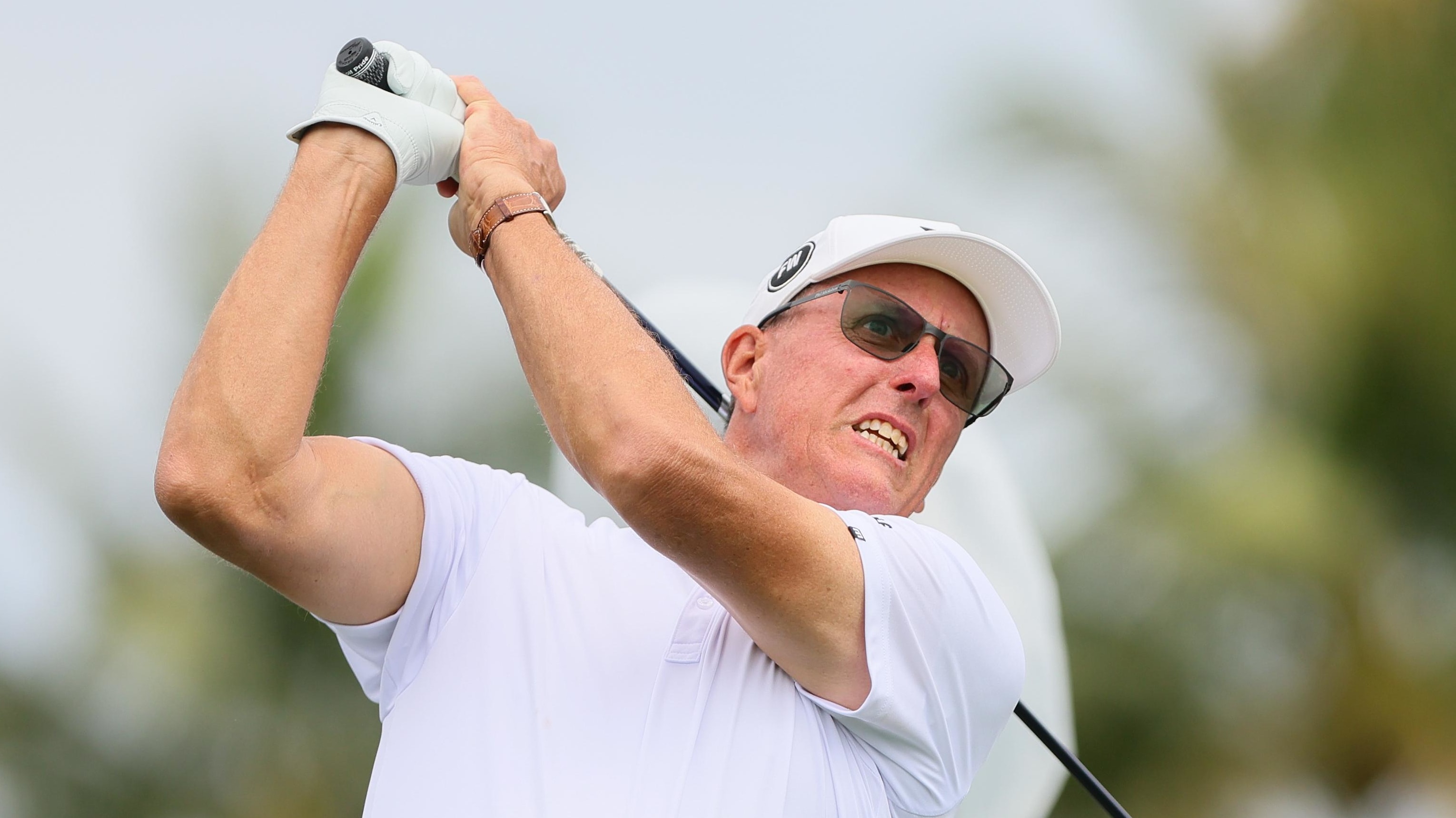 Apr 4, 2024; Miami, Florida, USA; Phil Mickelson plays his shot from the eight tee during the LIV