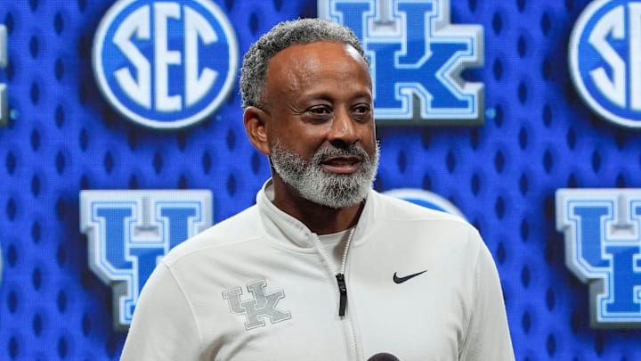 Oct 14, 2025; Birmingham, Alabama, USA; Kentucky women’s head coach Kenny Brooks speaks at SEC Media Day in the Grand Bohemian Hotel.