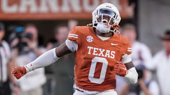 Nov 23, 2024; Austin, Texas, USA; Texas Longhorns linebacker Anthony Hill Jr. (0) celebrates after a stop against the Kentucky Wildcats on fourth down in the third quarter at Darrell K Royal Texas Memorial Stadium. Mandatory Credit: Ricardo B. Brazziell/USA TODAY Network via Imagn Images
