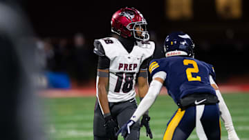 Central Catholic cornerback Xxavier Thomas (2) lines up across from St. Joseph's Prep wide receiver Jett Harrison in the first half of the PIAA Class 6A football championship game at Cumberland Valley High School, Saturday, Dec. 7, 2024, in Silver Spring Township, Pa.