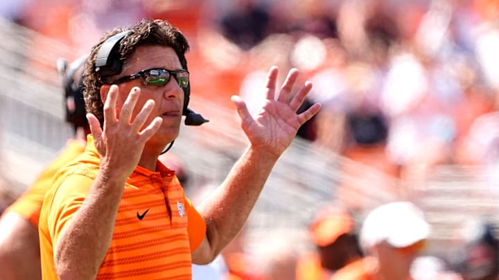 Oklahoma State head coach Mike Gundy reacts to a call second half of the college football game between the Oklahoma State Cowboys and the Arkansas Razorbacks at Boone Pickens Stadium in Stillwater, Okla.,, Saturday, Sept., 7, 2024.