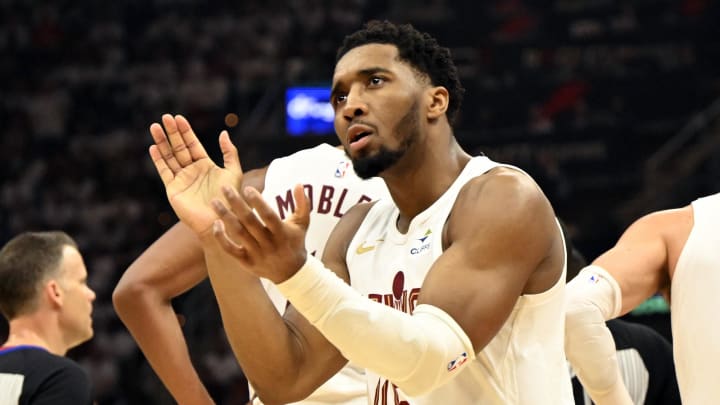 May 11, 2024; Cleveland, Ohio, USA; Cleveland Cavaliers guard Donovan Mitchell (45) celebrates in the second quarter of game three of the second round of the 2024 NBA playoffs against the Boston Celtics at Rocket Mortgage FieldHouse. Mandatory Credit: David Richard-USA TODAY Sports