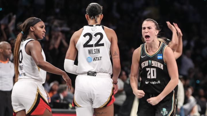 New York Liberty guard Sabrina Ionescu (20) reacts after the Las Vegas Aces call a timeout in the third quarter during game three of the 2023 WNBA Finals at Barclays Center