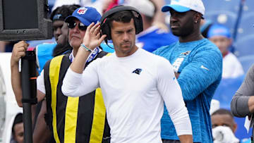 Aug 24, 2024; Orchard Park, New York, USA; Carolina Panthers head coach Dave Canales on the sidelines during the second half against the Buffalo Bills at Highmark Stadium. Mandatory Credit: Gregory Fisher-Imagn Images