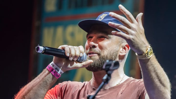 Travis Kelce greets the crowd during the “Tight Ends & Friends” concert at Brooklyn Bowl Tuesday, June 18, 2024 in Nashville, Tenn.
