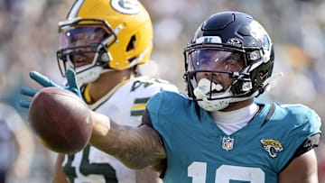 Oct 27, 2024; Jacksonville, Florida, USA; Jacksonville Jaguars wide receiver Christian Kirk (13) signals a first down during the second half against the Green Bay Packers at EverBank Stadium. Mandatory Credit: Melina Myers-Imagn Images