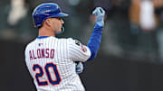Apr 8, 2025; New York City, New York, USA; New York Mets first baseman Pete Alonso (20) reacts after hitting a three RBI double during the sixth inning against the Miami Marlins at Citi Field. Mandatory Credit: Vincent Carchietta-Imagn Images