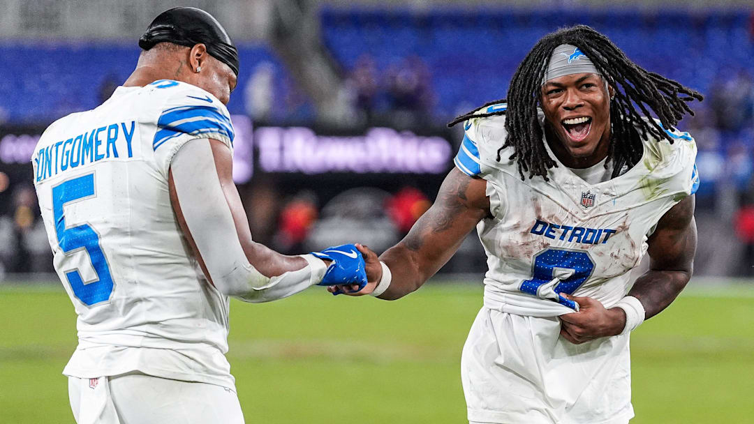 Detroit Lions running back David Montgomery (5), left, and running back Jahmyr Gibbs (0) celebrates 38-30 win over Baltimore Ravens at M&T Bank Stadium in Baltimore, Md. on Monday, Sept. 22, 2025. Detroit Lions running back David Montgomery (5), left, and running back Jahmyr Gibbs (0) celebrates 38-30 win over Baltimore Ravens at M&T Bank Stadium in Baltimore, Md. on Monday, Sept. 22, 2025.