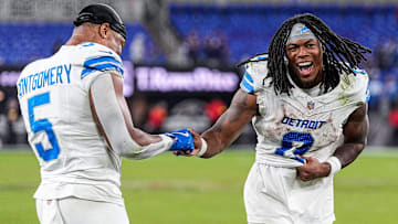 Detroit Lions running back David Montgomery (5), left, and running back Jahmyr Gibbs (0) celebrates 38-30 win over Baltimore Ravens at M&T Bank Stadium in Baltimore, Md. on Monday, Sept. 22, 2025.