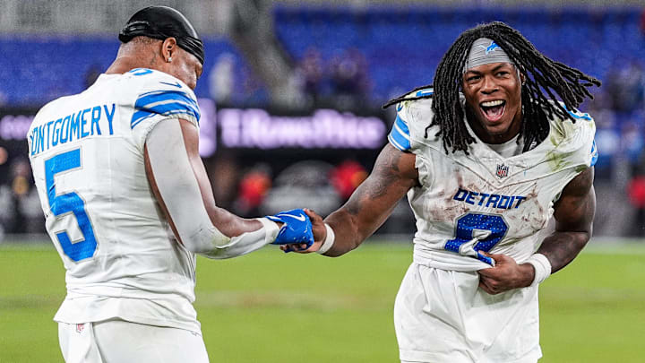 Detroit Lions running back David Montgomery (5), left, and running back Jahmyr Gibbs (0) celebrates 38-30 win over Baltimore Ravens at M&T Bank Stadium in Baltimore, Md. on Monday, Sept. 22, 2025.