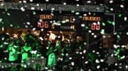 Jun 17, 2024; Boston, Massachusetts, USA; A detailed view of the scoreboard after the Boston Celtics defeated the Dallas Mavericks in game five of the 2024 NBA Finals at the TD Garden. Mandatory Credit: Brian Fluharty-USA TODAY Sports