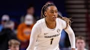 Mar 6, 2025; Greenville, SC, USA; Vanderbilt Commodores guard Mikayla Blakes (1) brings the ball up court against the Tennessee Lady Vols during the second half at Bon Secours Wellness Arena. Mandatory Credit: Scott Kinser-Imagn Images