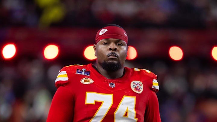 Feb 11, 2024; Paradise, Nevada, USA; Kansas City Chiefs offensive tackle Jawaan Taylor (74) against the San Francisco 49ers in Super Bowl LVIII at Allegiant Stadium. Mandatory Credit: Mark J. Rebilas-Imagn Images