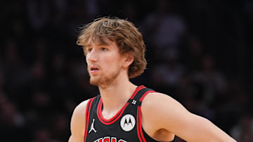 Mar 19, 2025; Phoenix, Arizona, USA; Chicago Bulls forward Matas Buzelis (14) looks on against the Phoenix Suns during the first half at PHX Aena. Mandatory Credit: Joe Camporeale-Imagn Images