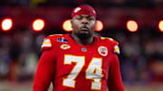 Feb 11, 2024; Paradise, Nevada, USA; Kansas City Chiefs offensive tackle Jawaan Taylor (74) against the San Francisco 49ers in Super Bowl LVIII at Allegiant Stadium. Mandatory Credit: Mark J. Rebilas-USA TODAY Sports