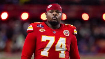 Feb 11, 2024; Paradise, Nevada, USA; Kansas City Chiefs offensive tackle Jawaan Taylor (74) against the San Francisco 49ers in Super Bowl LVIII at Allegiant Stadium. Mandatory Credit: Mark J. Rebilas-USA TODAY Sports