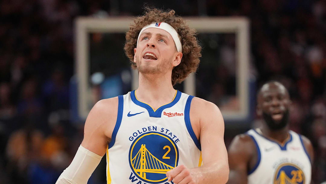 Apr 5, 2026; San Francisco, California, USA; Golden State Warriors guard Brandin Podziemski (2) reacts after missing a shot against the Houston Rockets in the third quarter at the Chase Center. Mandatory Credit: Cary Edmondson-Imagn Images