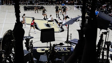 The Purdue band holds up their instruments Saturday, Oct. 19, 2024, during the NCAA women’s volleyball match 