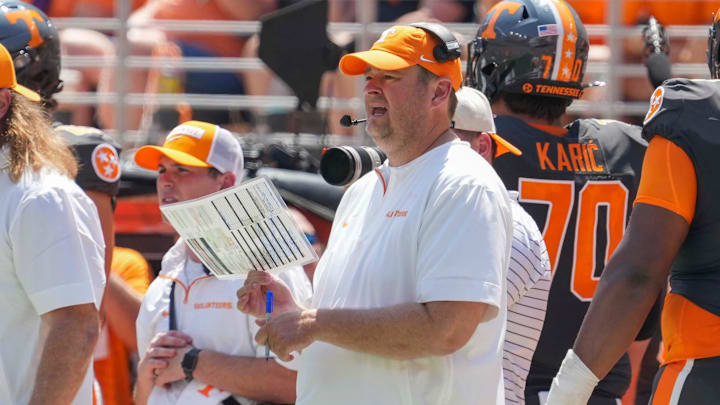 Tennessee head coach Josh Heupel during a football game between Tennessee and Chattanooga at Neyland Stadium in Knoxville, Tenn., on Saturday, August 31, 2024.