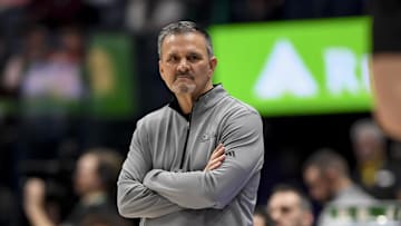 Mar 16, 2024; Nashville, TN, USA;  Mississippi State Bulldogs head coach Chris Jans watches against the Auburn Tigers during the first half at Bridgestone Arena. Mandatory Credit: Steve Roberts-Imagn Images