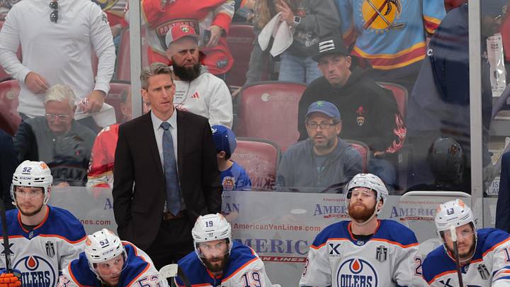 Jun 12, 2025; Sunrise, Florida, USA; Edmonton Oilers head coach Kris Knoblauch looks on during the third period against the Florida Panthers in game four of the 2025 Stanley Cup Final at Amerant Bank Arena. Mandatory Credit: Sam Navarro-Imagn Images
