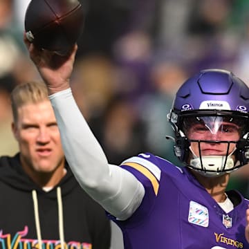 Oct 19, 2025; Minneapolis, Minnesota, USA; Minnesota Vikings quarterback J.J. McCarthy (9) throws a pass during warm ups before the game against the Philadelphia Eagles at U.S. Bank Stadium. Mandatory Credit: Jeffrey Becker-Imagn Images