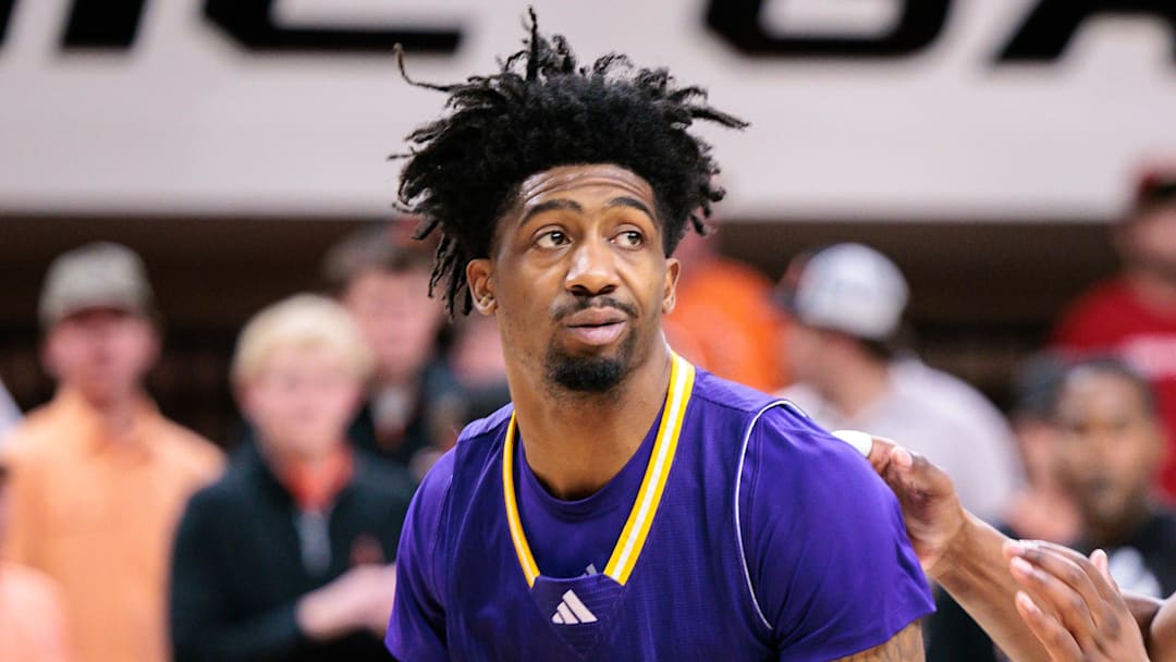Nov 12, 2025; Stillwater, Oklahoma, USA; Prairie View A&M Panthers guard Tai'Reon Joseph (3) drives to the basket around Oklahoma State Cowboys guard Kanye Clary (1) during the second half at Gallagher-Iba Arena. Mandatory Credit: William Purnell-Imagn Images