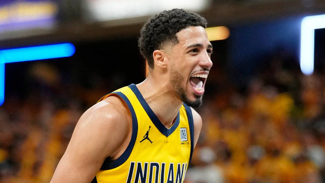 Jun 13, 2025; Indianapolis, Indiana, USA; Indiana Pacers guard Tyrese Haliburton (0) reacts after a play against the Oklahoma City Thunder during the second half during game four of the 2025 NBA Finals at Gainbridge Fieldhouse. Mandatory Credit: Kyle Terada-Imagn Images