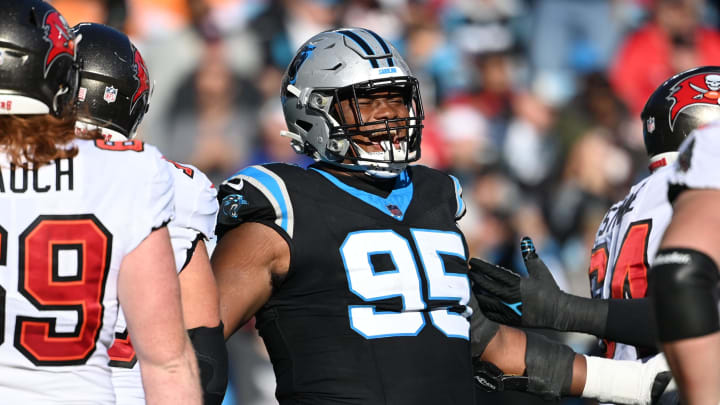 Jan 7, 2024; Charlotte, North Carolina, USA;  Carolina Panthers defensive tackle Derrick Brown (95) reacts in the third quarter at Bank of America Stadium. Mandatory Credit: Bob Donnan-USA TODAY Sports