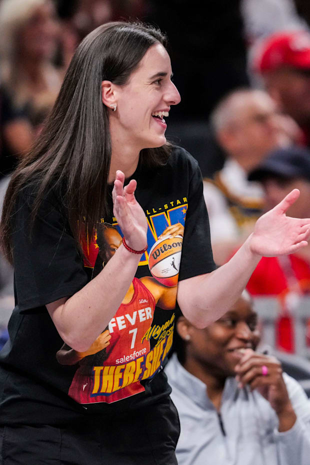Caitlin Clark celebrates Indiana Fever forward Aliyah Boston