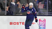 Hilary Knight celebrates a goal against Canada in 2022.
