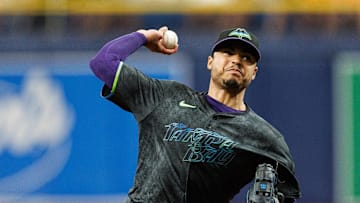 Tampa Bay pitcher Taj Bradley (45) throws a pitch against the Baltimore Orioles earlier this month. He's been solid in his second season with the Rays. 