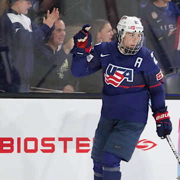 Hilary Knight celebrates a goal against Canada in 2022.