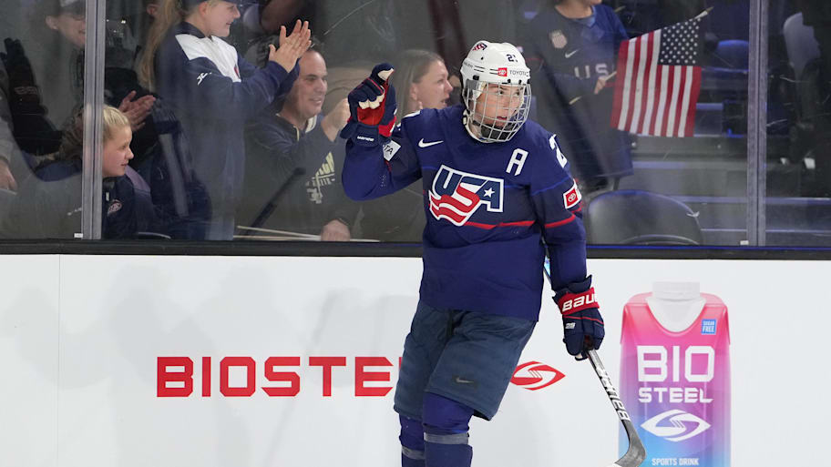 Hilary Knight celebrates a goal against Canada in 2022. | Stephen R. Sylvanie-Imagn Images