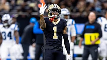 Sep 8, 2024; New Orleans, Louisiana, USA;  New Orleans Saints cornerback Alontae Taylor (1) reacts to sacking Carolina Panthers quarterback Bryce Young (9) during the second half at Caesars Superdome. Mandatory Credit: Stephen Lew-Imagn Images