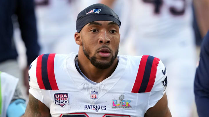 Feb 8, 2026; Santa Clara, CA, USA; New England Patriots running back Treveyon Henderson (32) before Super Bowl LX against the Seattle Seahawks at Levi's Stadium. Mandatory Credit: Darren Yamashita-Imagn Images