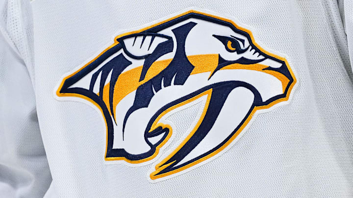 Dec 10, 2023; Montreal, Quebec, CAN; View of a Nashville Predators logo on a jersey worn by a member of the team against the Montreal Canadiens during the first period at Bell Centre. Mandatory Credit: David Kirouac-Imagn Images