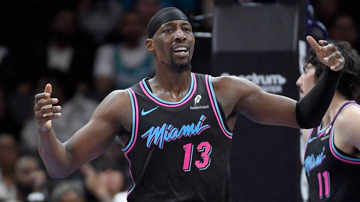 Miami Heat center Bam Adebayo (13) reacts (Mandatory Credit: Sam Sharpe-Imagn Images)