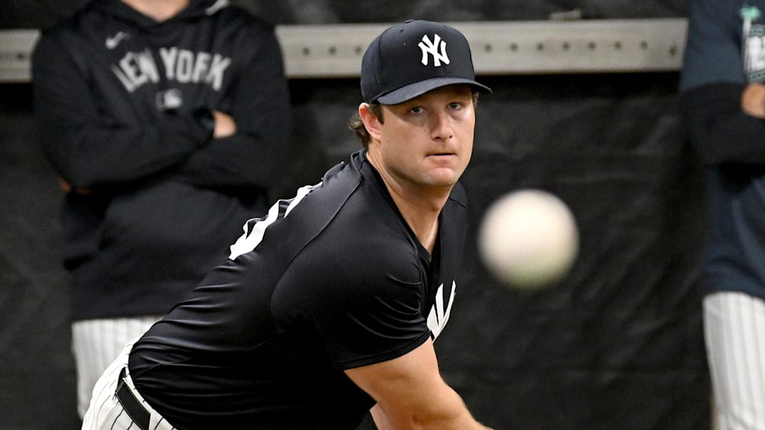 Feb 16, 2025; Tampa, FL, USA; New York Yankees pitcher Gerrit Cole (45) throws a pitch during spring training at George M. Steinbrenner Field. Mandatory Credit: Jonathan Dyer-Imagn Images Feb 16, 2025; Tampa, FL, USA; New York Yankees pitcher Gerrit Cole (45) throws a pitch during spring training at George M. Steinbrenner Field. Mandatory Credit: Jonathan Dyer-Imagn Images