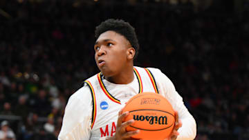 Mar 21, 2025; Seattle, WA, USA; Maryland Terrapins center Derik Queen (25) looks for an open shot during the first half against Grand Canyon Antelopes at Climate Pledge Arena. Mandatory Credit: Steven Bisig-Imagn Images