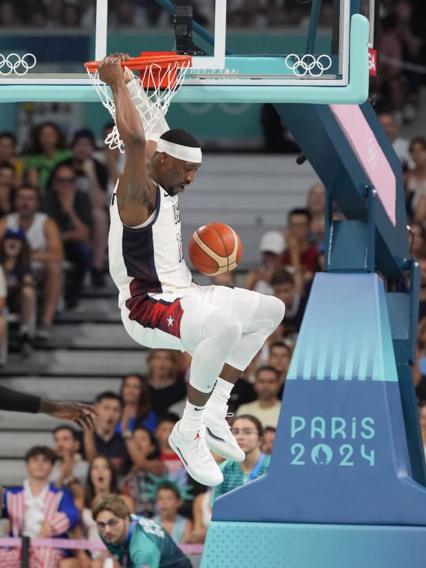 Team USA center Bam Adebayo dunks in the Olympics.