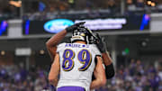 Nov 9, 2025; Minneapolis, Minnesota, USA; Baltimore Ravens tight end Mark Andrews (89) celebrates his touchdown against the Minnesota Vikings in the third quarter at U.S. Bank Stadium. Mandatory Credit: Brad Rempel-Imagn Images