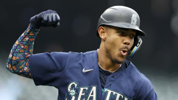 Julio Rodriguez of the Seattle Mariners celebrates a home run against the Detroit Tigers.
