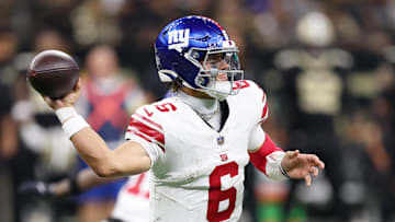 New York Giants quarterback Jaxson Dart (6) passes the ball against the New Orleans Saints during the first half at Caesars Superdome. 